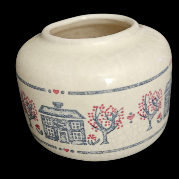 Vintage Mini Stoneware Crock Jar Blue Red House Trees Folk Art Primitive - Picture 3 of 5